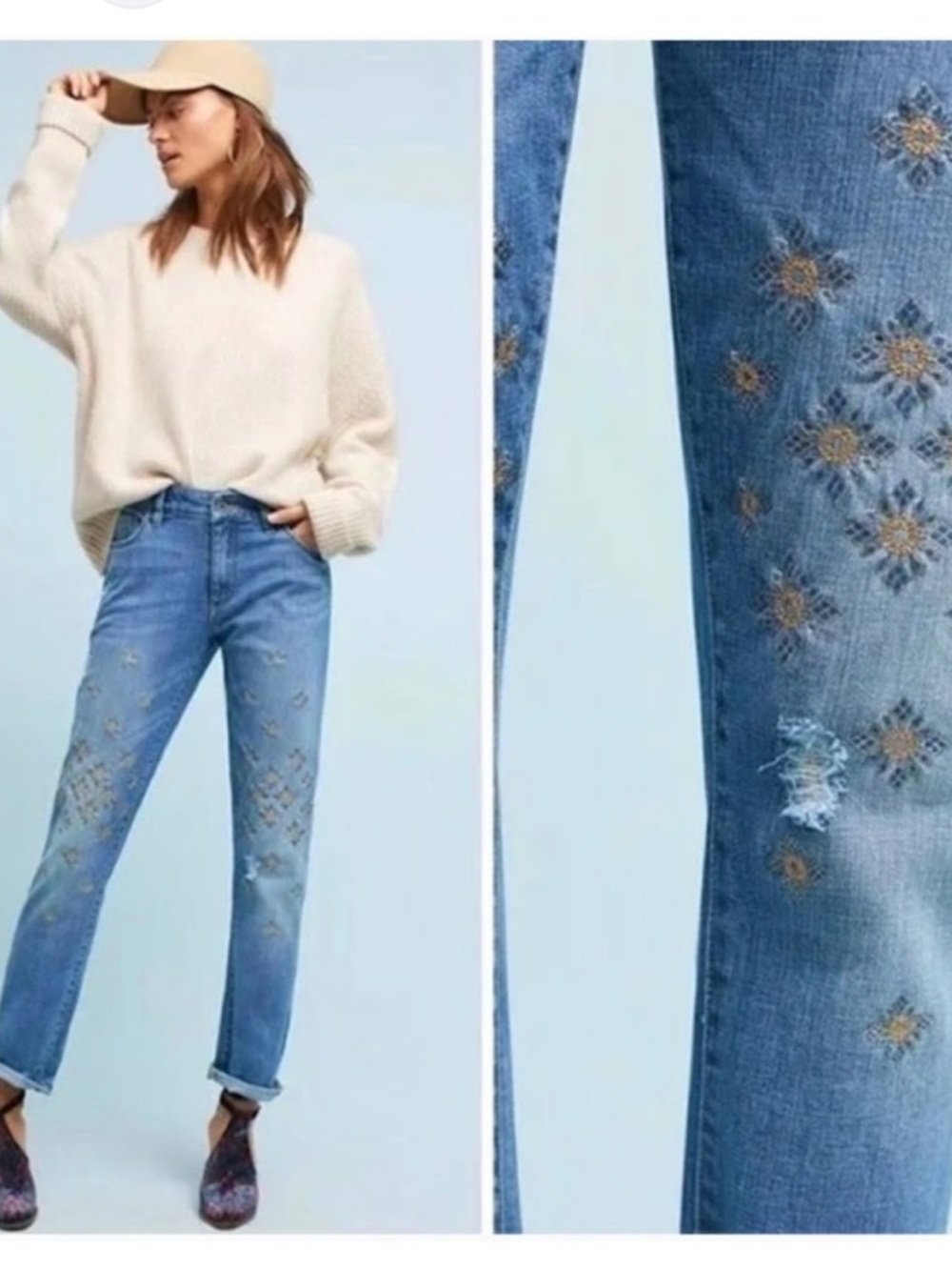 PILCRO & the Letter Press Light Blue Slim Boyfriend Jeans with Floral Embroidery